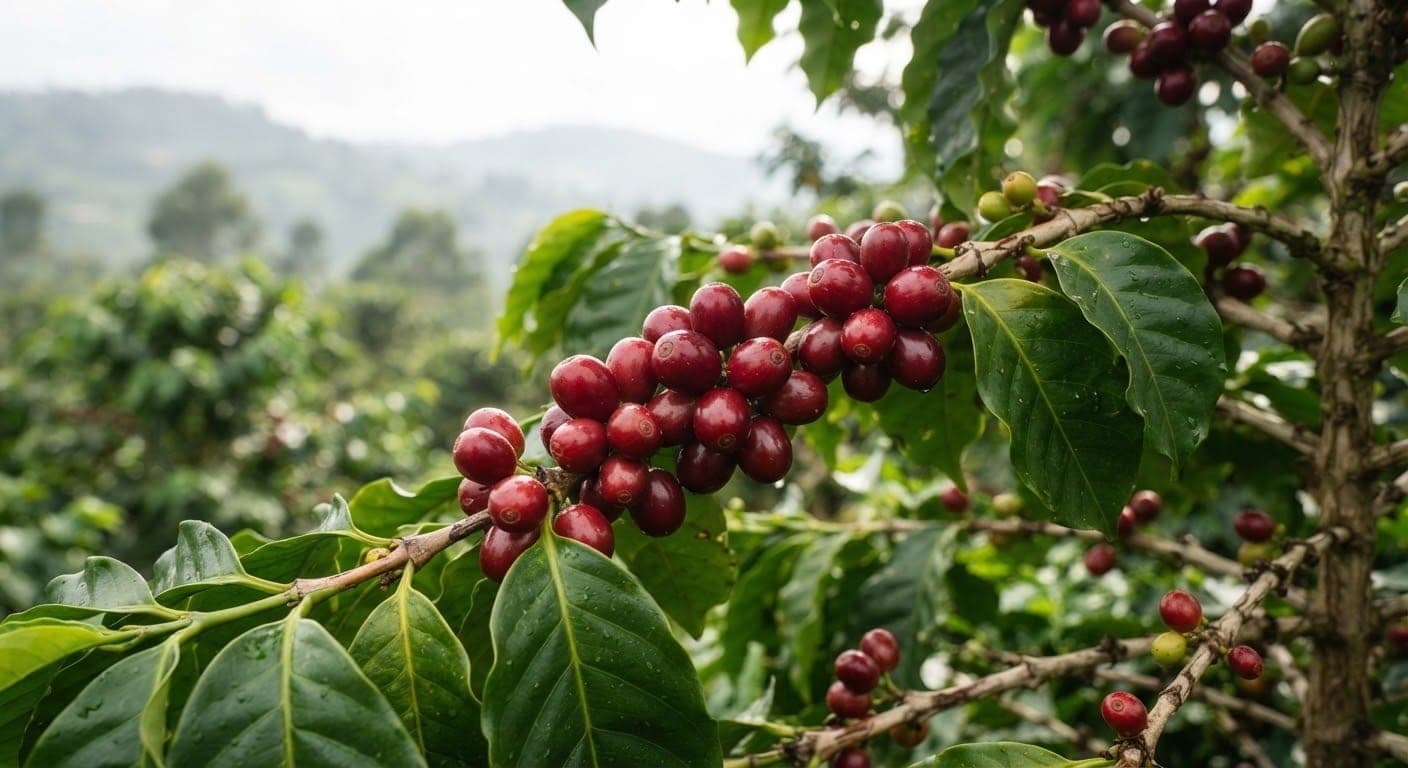 Ripe red coffee cherries on a branch (illustrative)